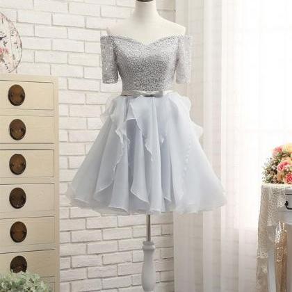 Cute Gray Lace Sleeve Short Prom Dress,homecoming..