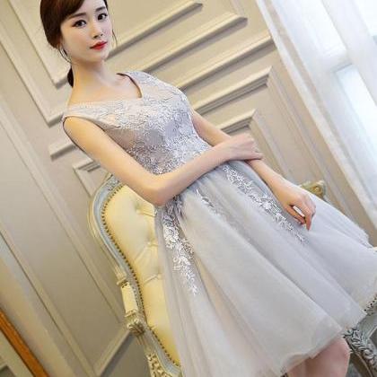 Gray V Neck Lace Tulle Short Prom Dress,homecoming..
