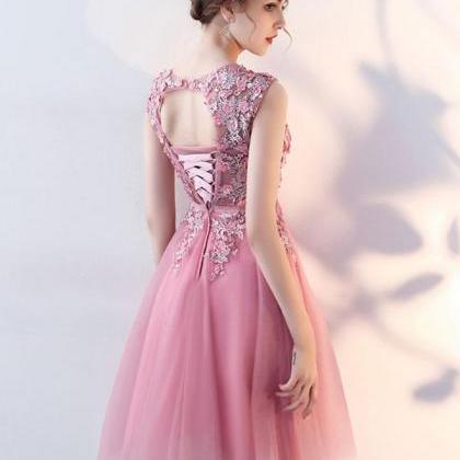Pink Lace Applique Short A Line Prom Dress,pink..