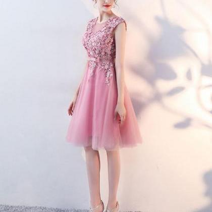 Pink Lace Applique Short A Line Prom Dress,pink..