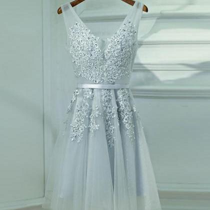 Gray A-line Lace Tulle Short Prom Dress,homecoming..
