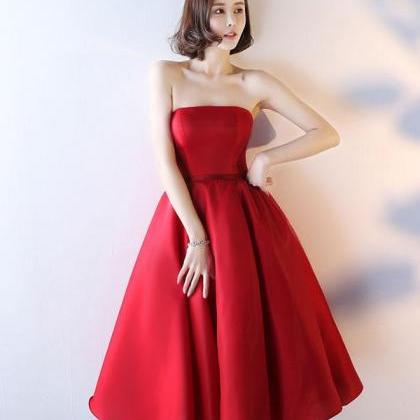 Simple Red Strapless Tea Length Prom Dress,red..