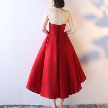 Simple Red Strapless Tea Length Prom Dress,red..