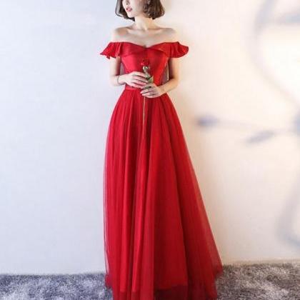 Red Off Shoulder Tulle Long A Line Prom Dress,red..