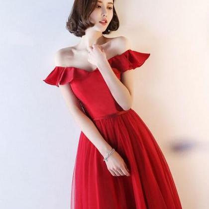 Red Off Shoulder Tulle Long A Line Prom Dress,red..