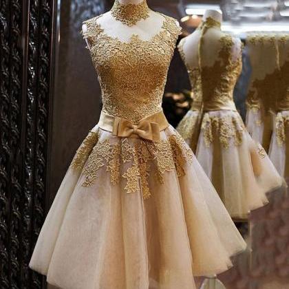 Gold Lace High Neck Short Prom Dress,homecoming..