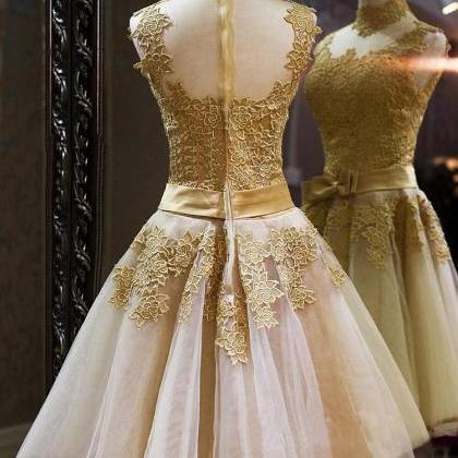 Gold Lace High Neck Short Prom Dress,homecoming..