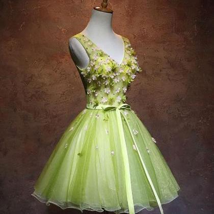Green V Neck Tulle Short Prom Dress,green..