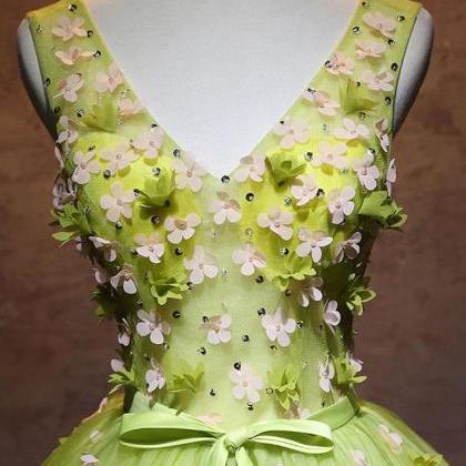 Green V Neck Tulle Short Prom Dress,green..