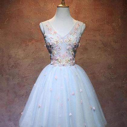 Blue V Neck Tulle Short Prom Dress,homecoming..