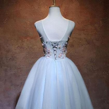 Blue V Neck Tulle Short Prom Dress,homecoming..