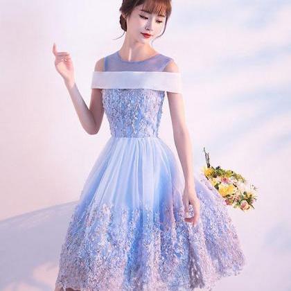 Cute Blue Lace Tulle Short Prom Dress,blue..