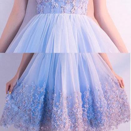 Cute Blue Lace Tulle Short Prom Dress,blue..
