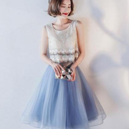 Blue Lace Tulle Knee Length Prom Dress,homecoming..