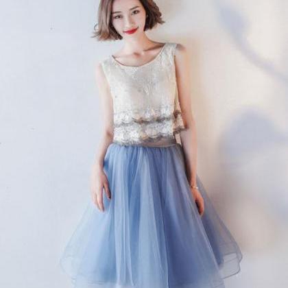 Blue Lace Tulle Knee Length Prom Dress,homecoming..