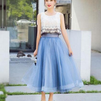 Blue Lace Tulle Tea Length Prom Dress,homecoming..