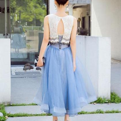 Blue Lace Tulle Tea Length Prom Dress,homecoming..