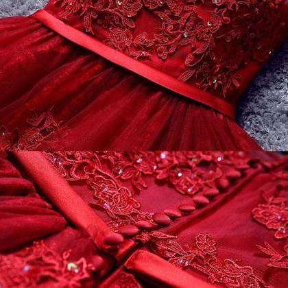 Burgundy Lace Tulle Short Prom Dress,lace Evening..