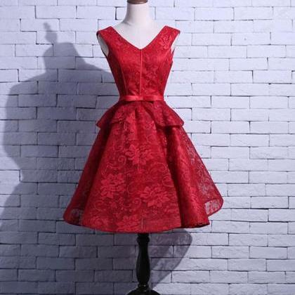 Red V Neck Lace Short Prom Dress,homecoming Dress