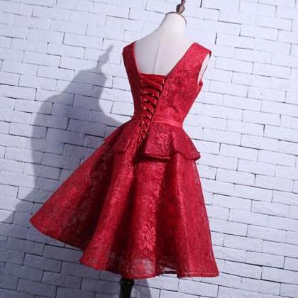Red V Neck Lace Short Prom Dress,homecoming Dress