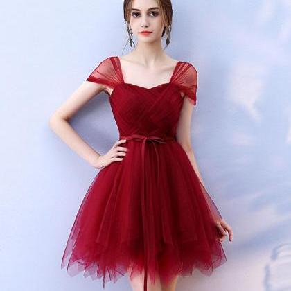 Cute Burgundy Tulle Short Prom Dress,homecoming..