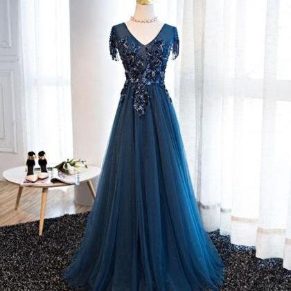 Dark Blue Tulle Beaded Long A Line Prom..