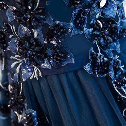 Dark Blue Tulle Beaded Long A Line Prom..
