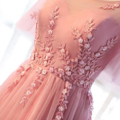 Pink A Line Tulle Lace Long Prom Dress,lace..