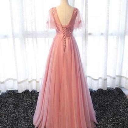 Pink A Line Tulle Lace Long Prom Dress,lace..