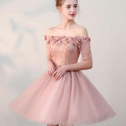 Pink Lace Off Shoulder Short Prom Dress,pink..