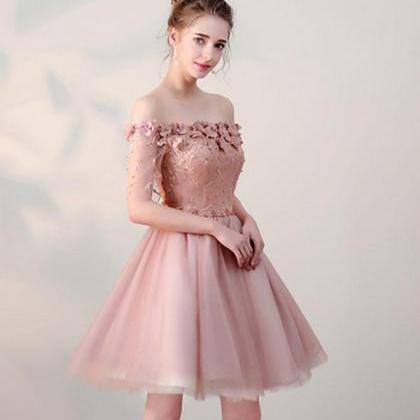 Gorgeous Homecoming Dresses, Pink Lace Off Shoulder Short Prom Dress,  PH110
