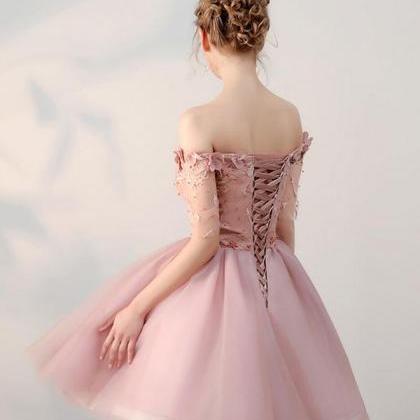 Pink Lace Off Shoulder Short Prom Dress,pink..