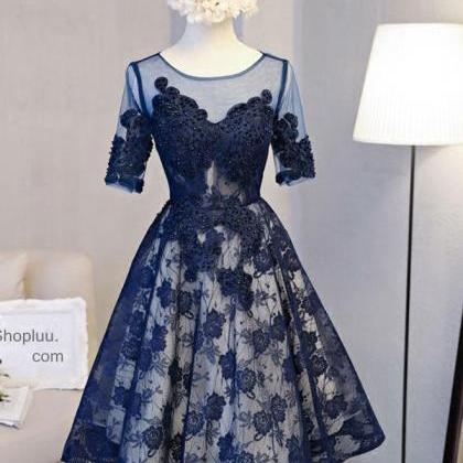 Cute Dark Blue Lace Short Prom Dress,blue..