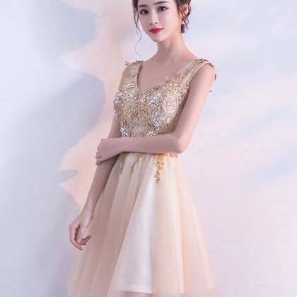 Champagne Lace Tulle Short Prom Dress,champagne..