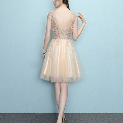 Champagne Lace Tulle Short Prom Dress,champagne..
