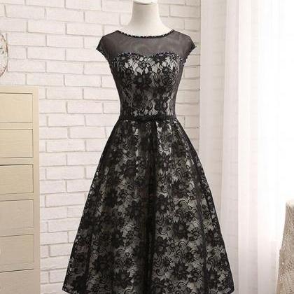 Black Lace Tea Length Prom Dress,black Evening..
