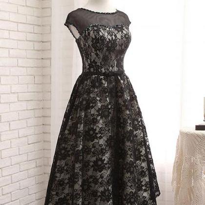 Black Lace Tea Length Prom Dress,black Evening..