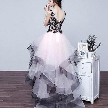 Cute V Neck High Low Tulle Prom Dress,lace Evening..