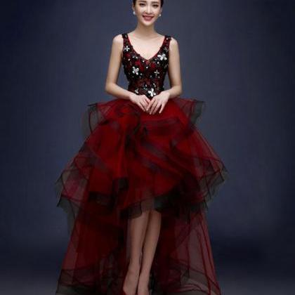 Burgundy V Neck High Low Tulle Prom Dress,lace..