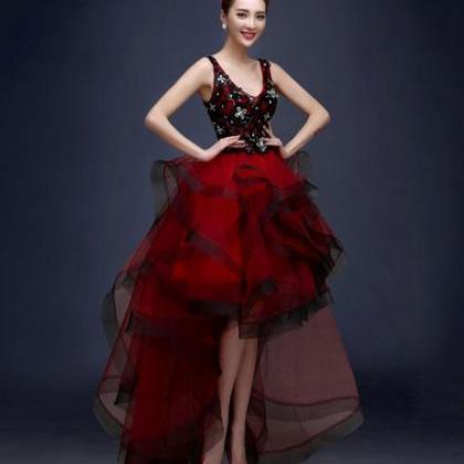 Burgundy V Neck High Low Tulle Prom Dress,lace..