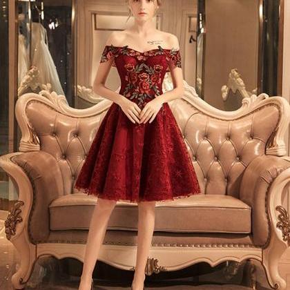 Burgundy Lace Off Shoulder Short Prom Dress,lace..