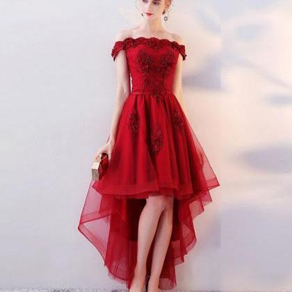 Burgundy High Low Tulle Lace Long Prom Dress,lace..