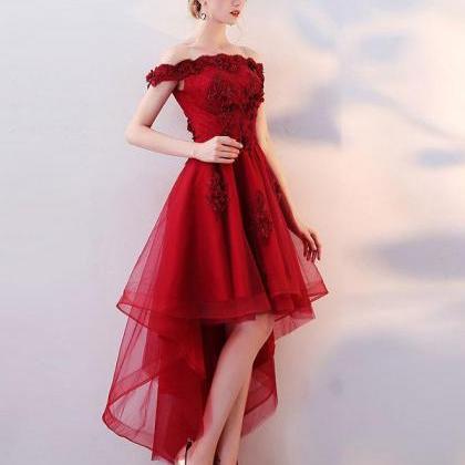 Burgundy High Low Tulle Lace Long Prom Dress,lace..