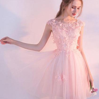 Pink Lace Tulle Short Prom Dress,lace Evening..