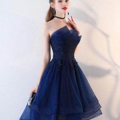 Dark Blue Tulle Short Prom Dress,high Low Evening..