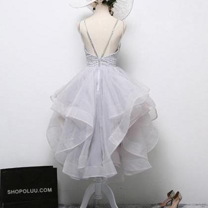 Gray Round Neck Tulle Lace Short Prom Dress,formal..