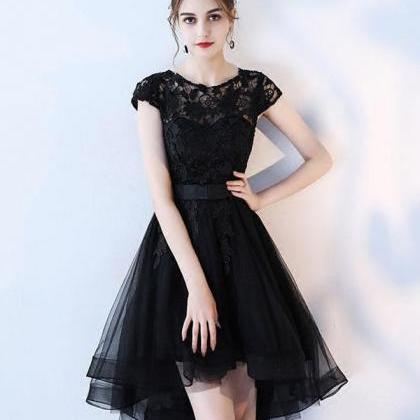 Black Lace Short Prom Dress,hight Low Evening..