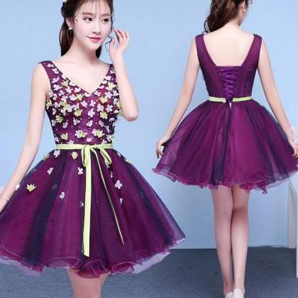 Purple V Neck Tulle Short Prom Dress,homecoming..