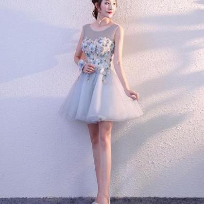 Gray Round Neck Tulle Short Prom Dress,formal..
