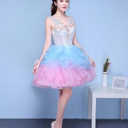Cute V Neck Blue And Pink Short Prom Dress,sweet..